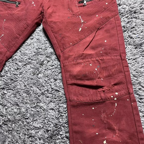 Square Zero Jeans Mens 36x33 Red Denim Distressed Biker Slim Paint Zipper Logo - Picture 6 of 16